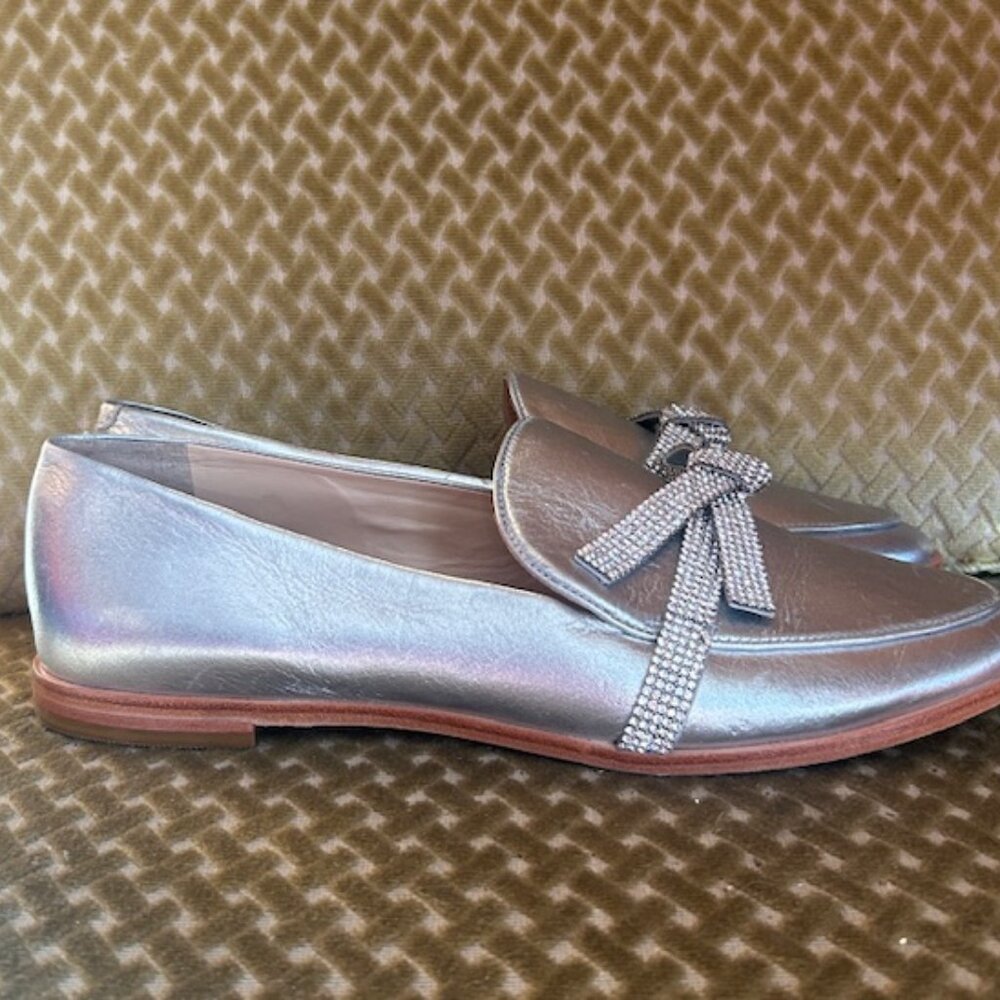 Anthropologie x Guilhermina Crystal Bow Metallic Silver Leather Loafers Flats 9 - Picture 7 of 16
